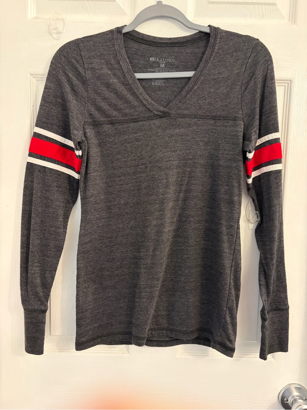 Holloway Women's Charcoal V-Neck Long Sleeve Top with Red Stripe. Size medium.